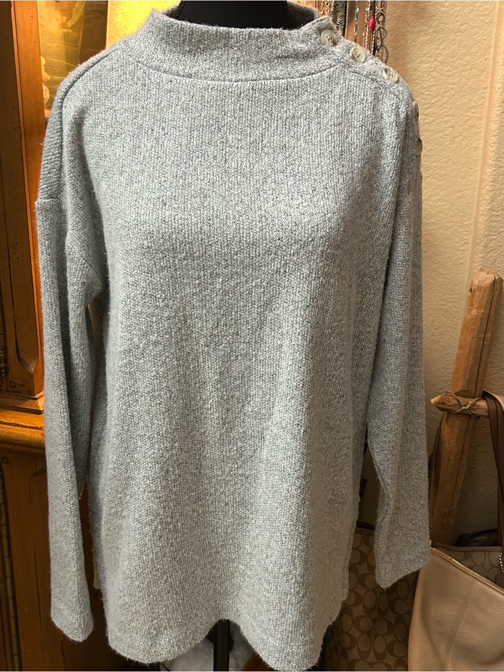LOFT Light Gray Button-Shoulder Turtleneck Sweater